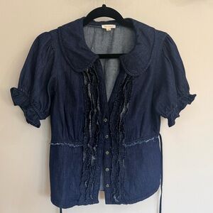 Pilcro Anthropologie Denim Ruffle Blouse Peter Pan Collar Top Size Small